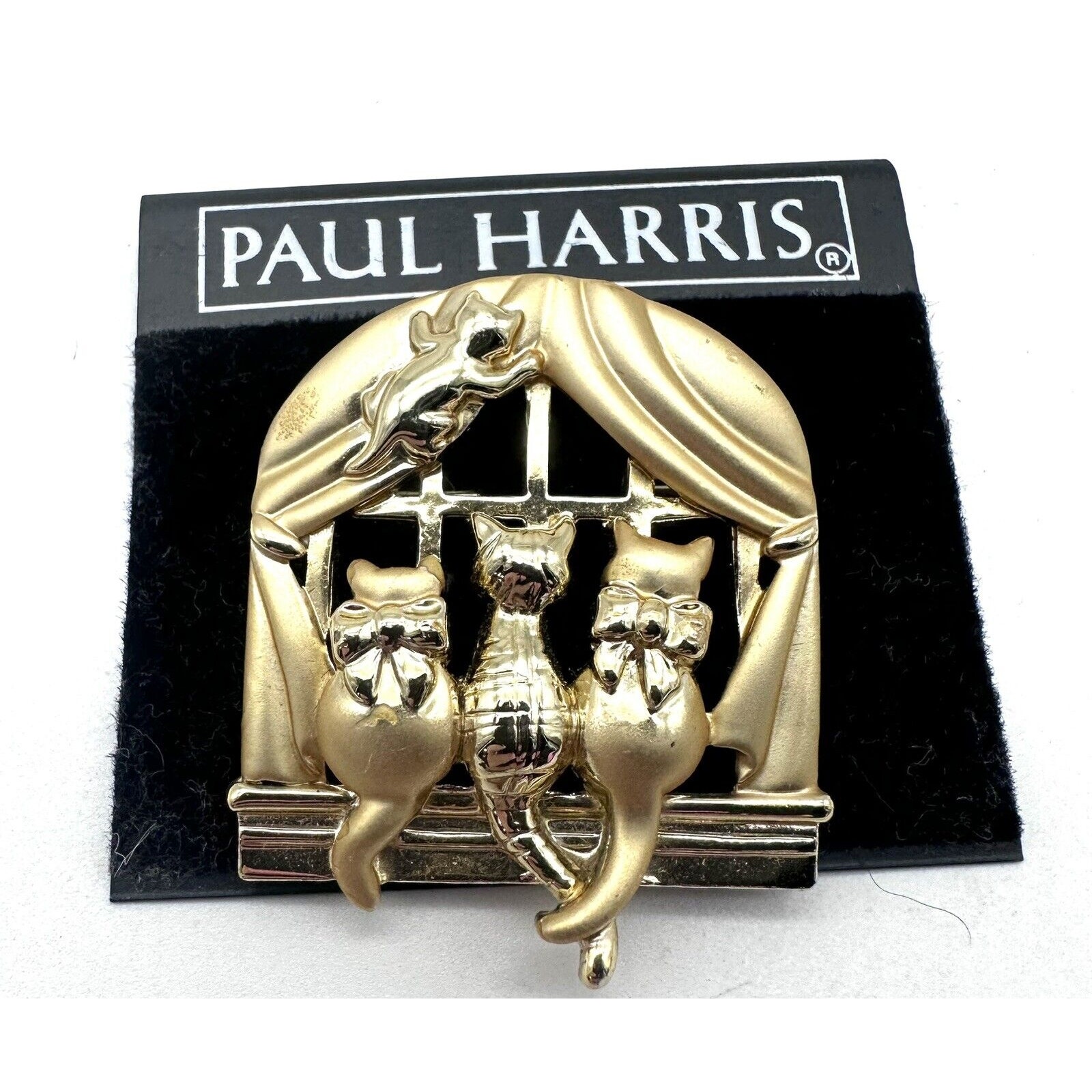 Ajc Crazy Cat Lovers Gold Tone Pin Brooch Cats Kittens Looking Out Window Vtg 25$